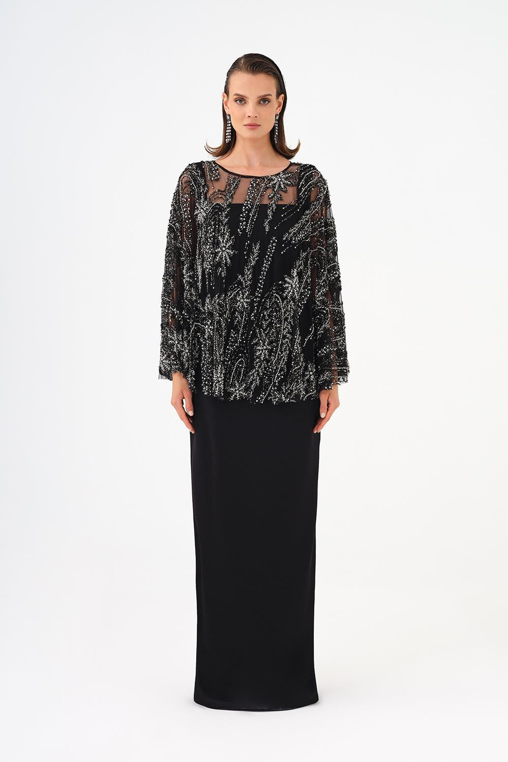 Long Evening Dress with Stone Embroidered Cape Straps - 9004C