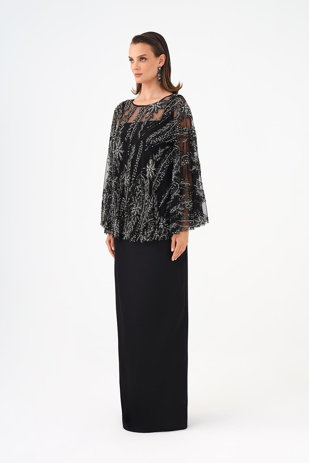 Long Evening Dress with Stone Embroidered Cape Straps - 9004C