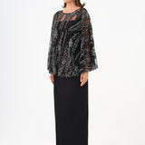 Long Evening Dress with Stone Embroidered Cape Straps - 9004C