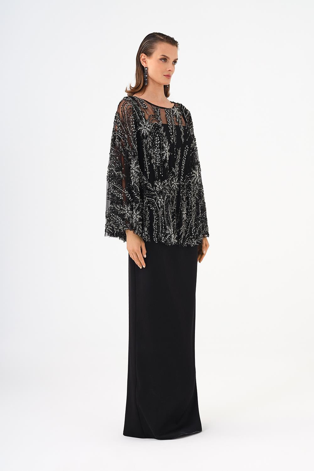 Long Evening Dress with Stone Embroidered Cape Straps - 9004C