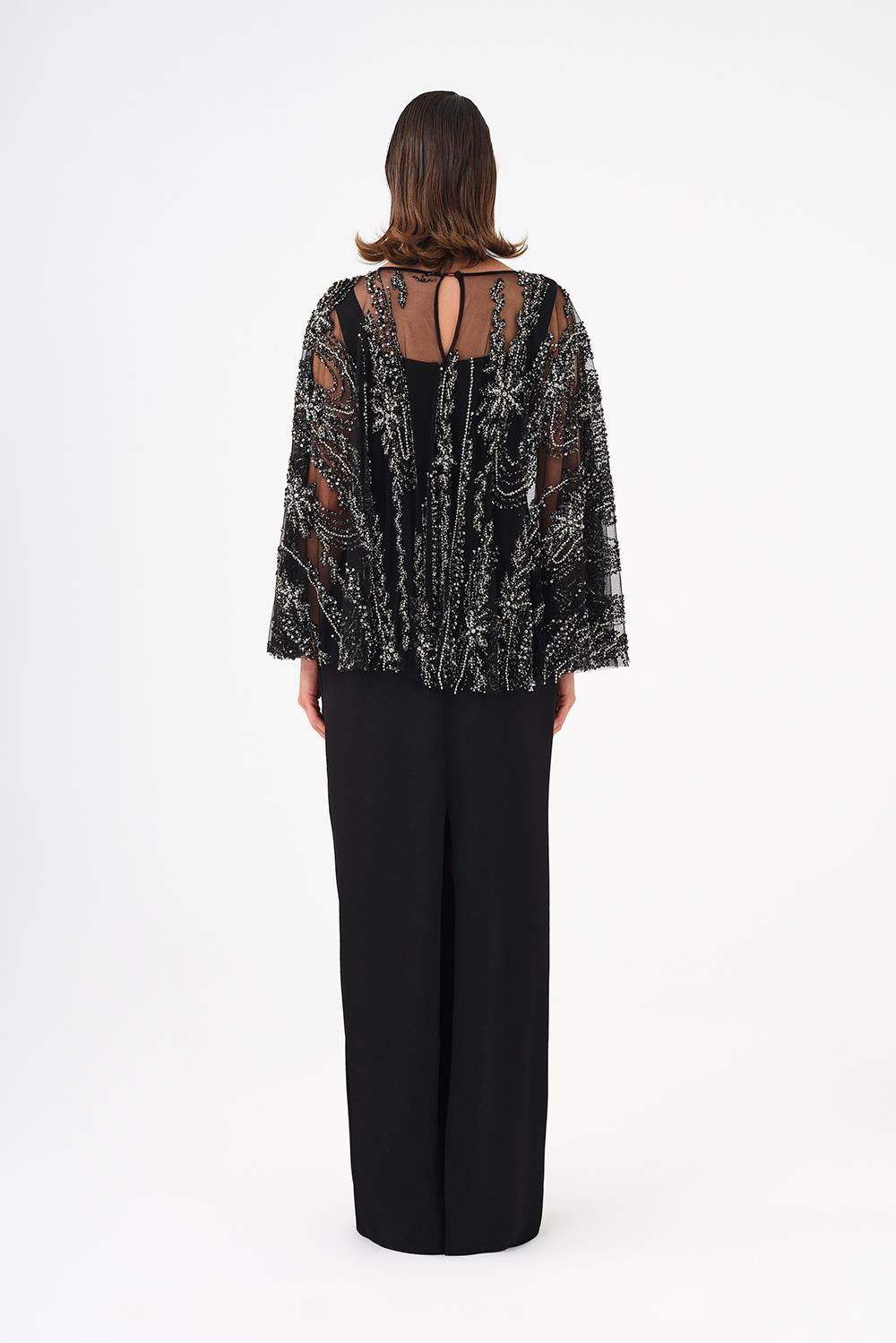 Long Evening Dress with Stone Embroidered Cape Straps - 9004C