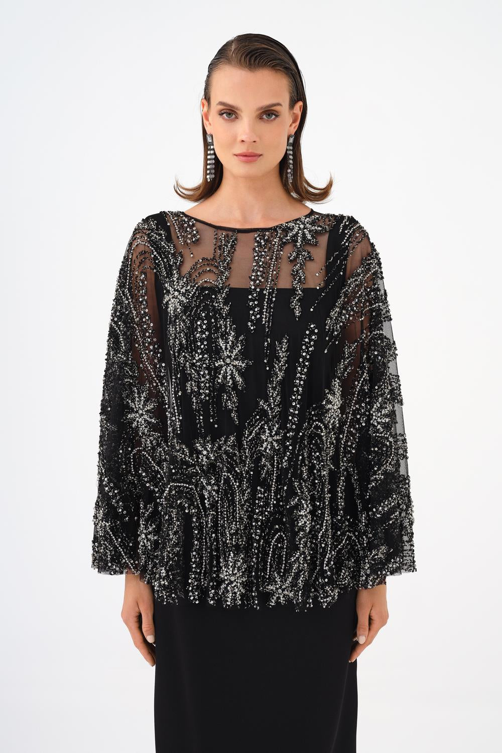Long Evening Dress with Stone Embroidered Cape Straps - 9004C
