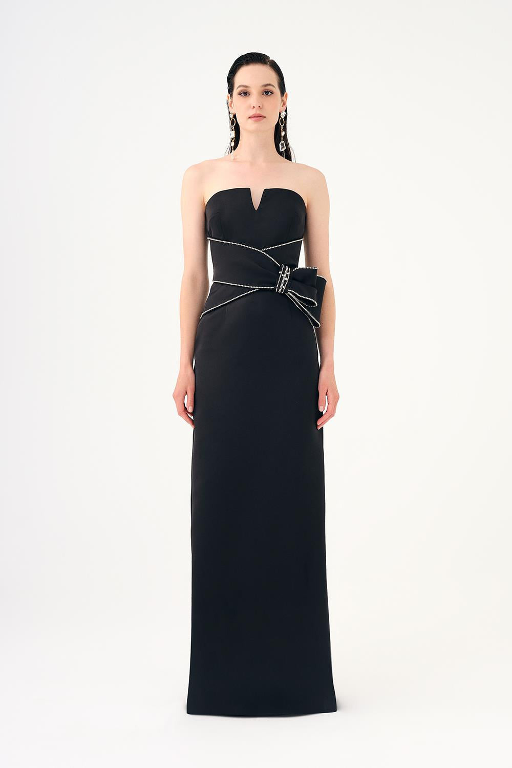 Stone Embroidery Detailed Strapless Collar Long Evening Dress - 9185C