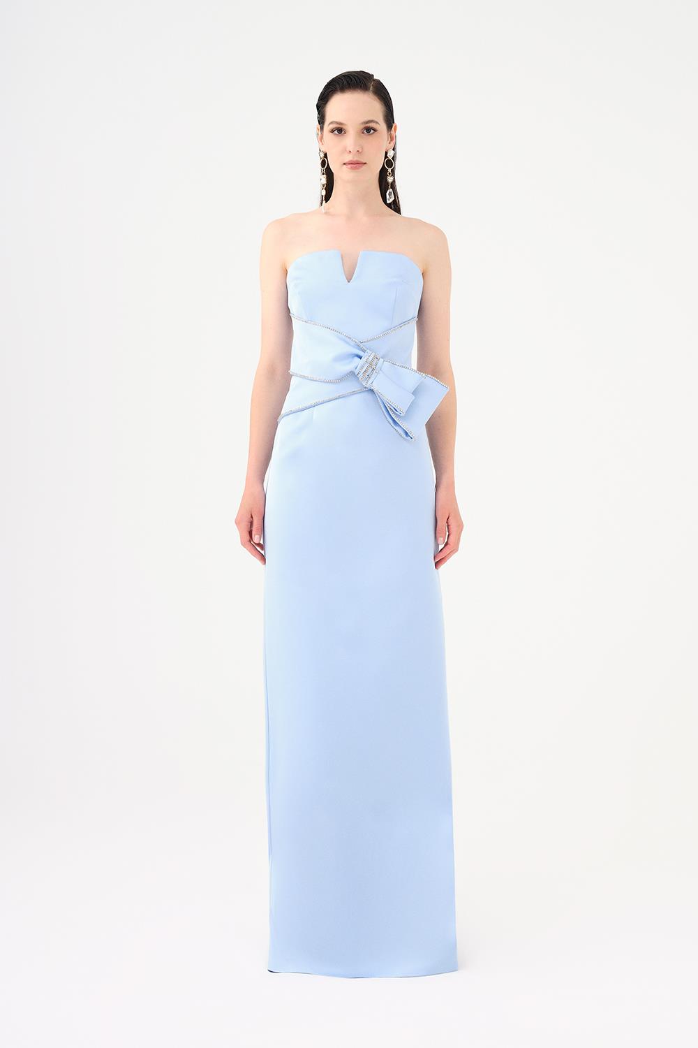 Stone Embroidery Detailed Strapless Collar Long Evening Dress - 9185C