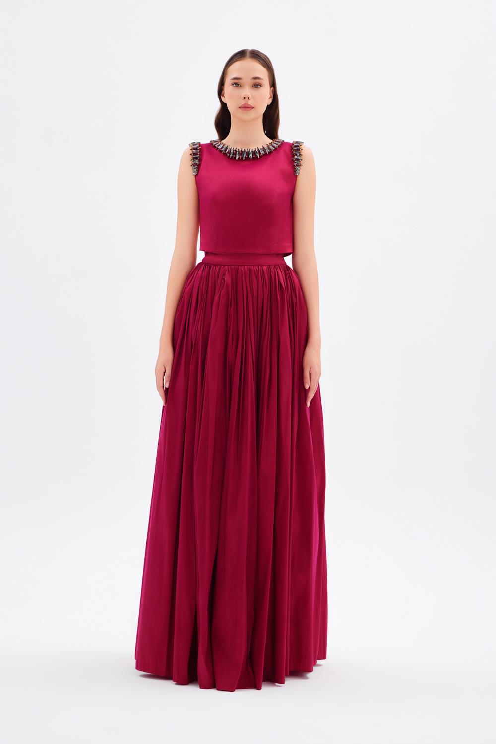 Stone Embroidery Detailed Taffeta Long Evening Dress - 9131C