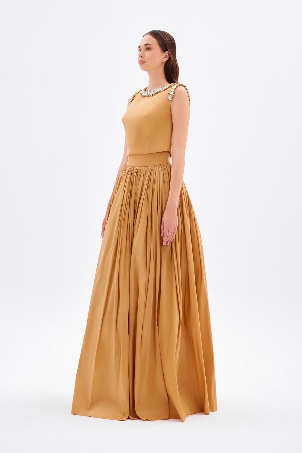 Taş İşleme Detaylı Tafta Uzun Abiye Elbise - 9131C - GOLD