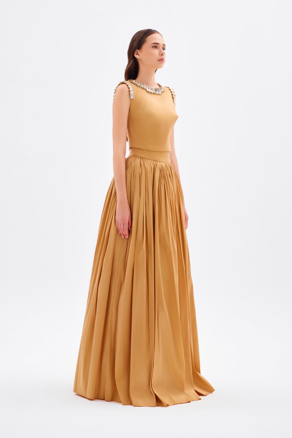 Taş İşleme Detaylı Tafta Uzun Abiye Elbise - 9131C - GOLD