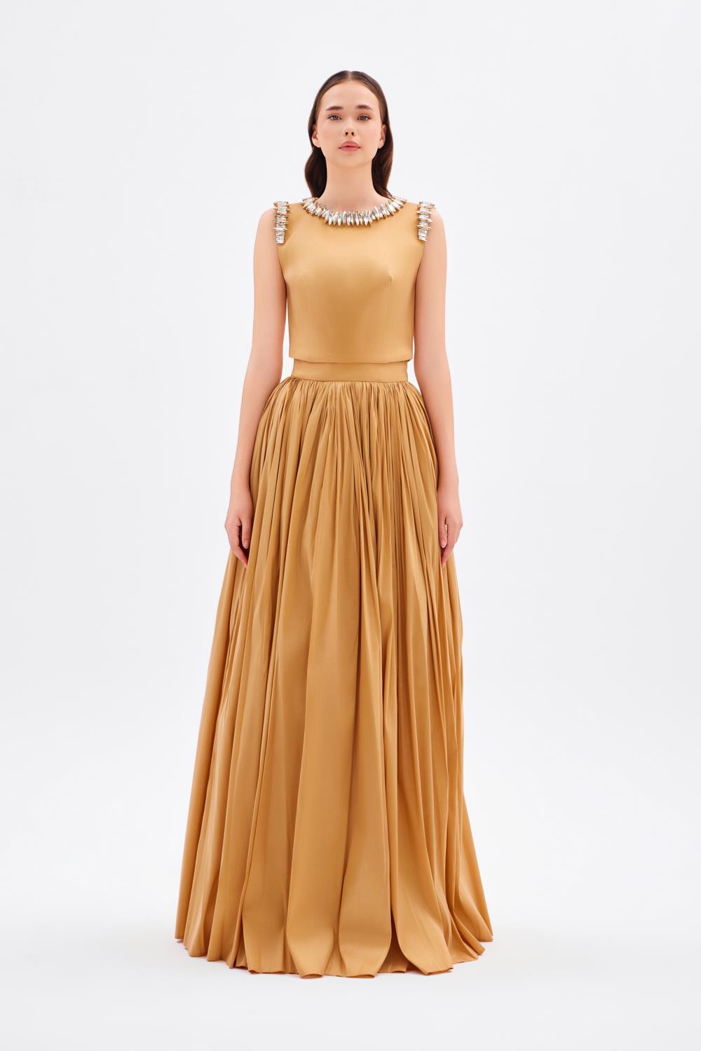 Taş İşleme Detaylı Tafta Uzun Abiye Elbise - 9131C - GOLD