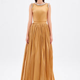 Taş İşleme Detaylı Tafta Uzun Abiye Elbise - 9131C - GOLD