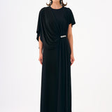 Stone Embroidery Detailed Half Sleeve Draped Long Evening Dress - 9023C