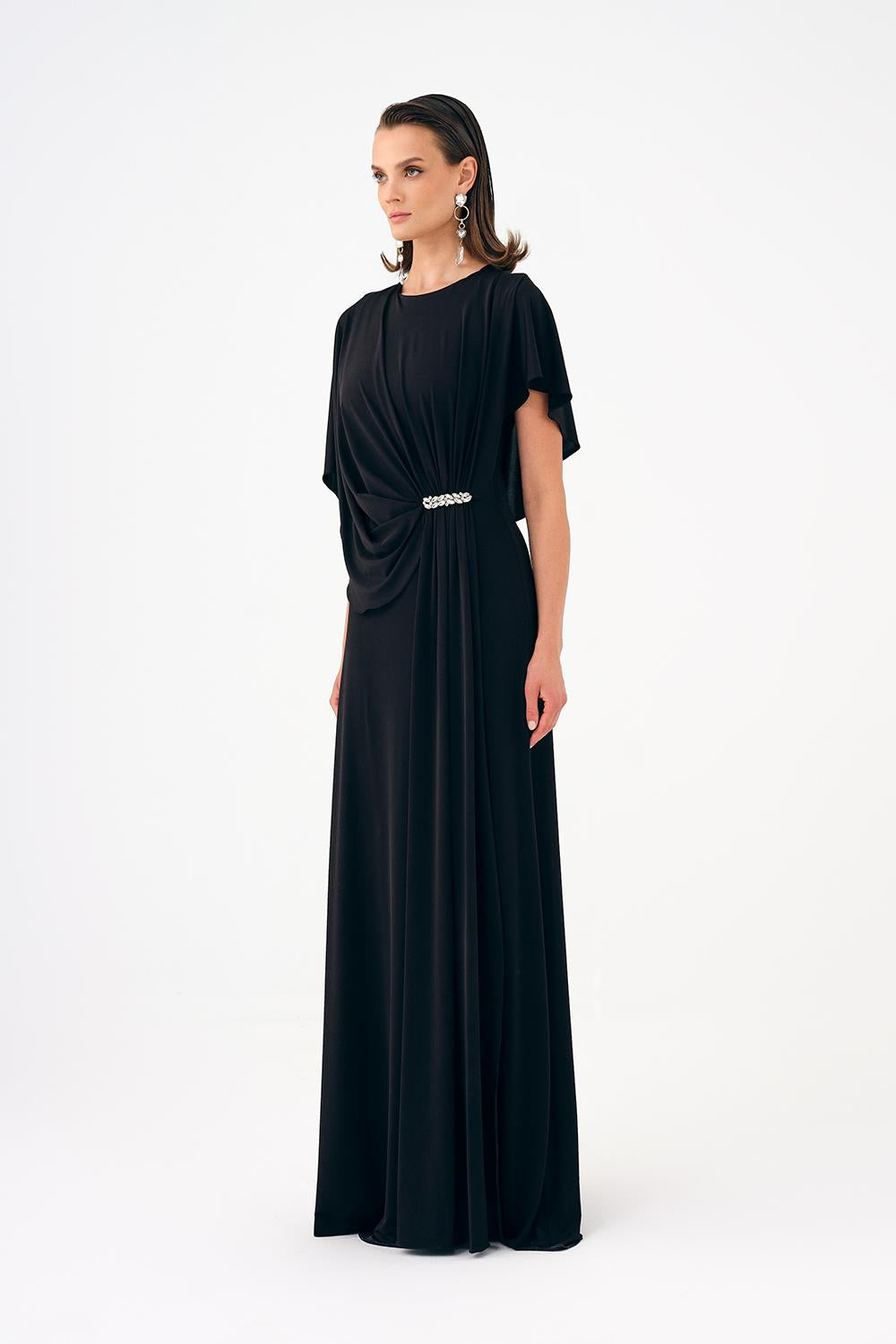 Stone Embroidery Detailed Half Sleeve Draped Long Evening Dress - 9023C
