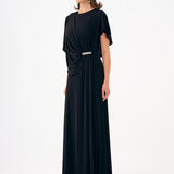 Stone Embroidery Detailed Half Sleeve Draped Long Evening Dress - 9023C