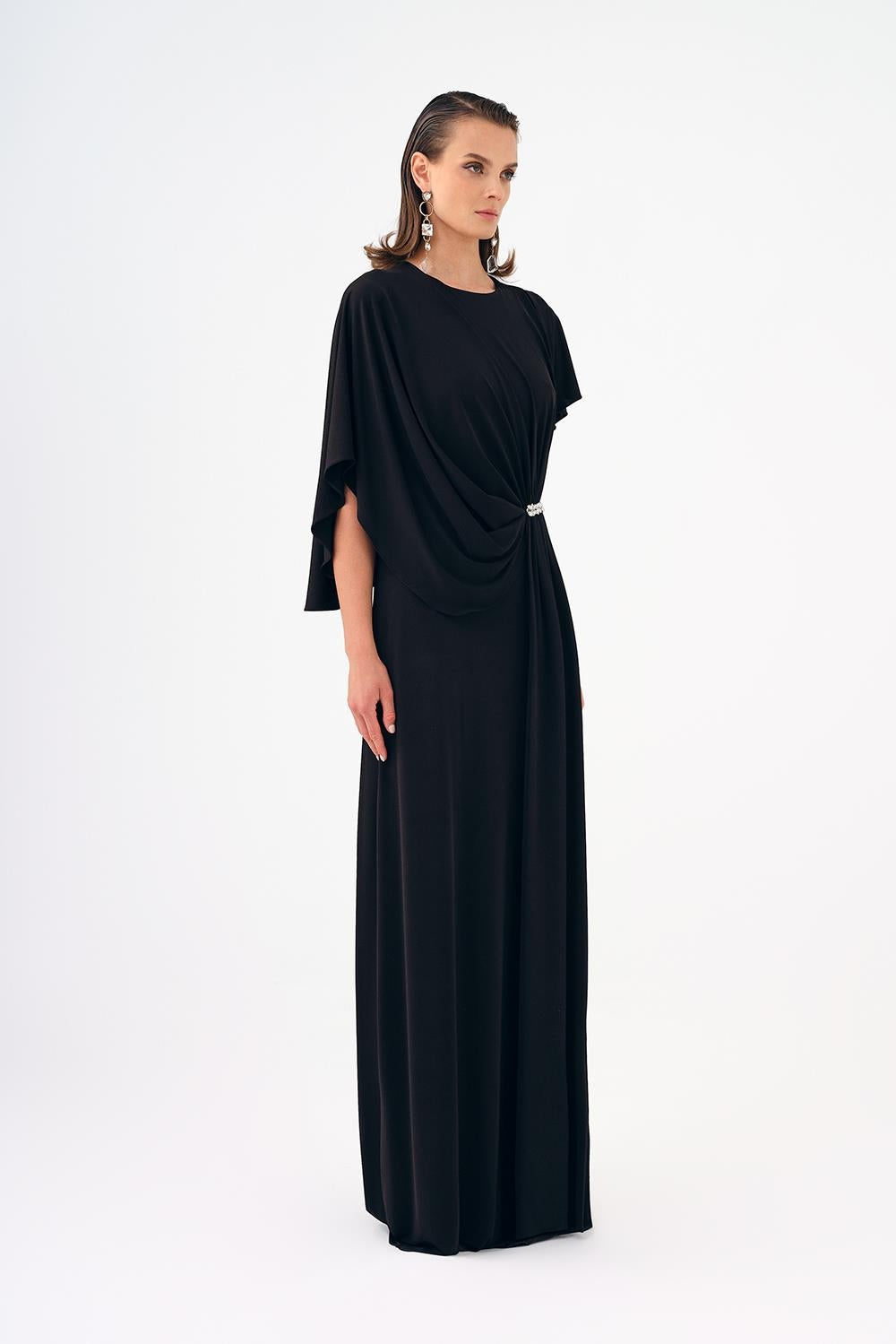 Stone Embroidery Detailed Half Sleeve Draped Long Evening Dress - 9023C