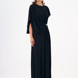 Stone Embroidery Detailed Half Sleeve Draped Long Evening Dress - 9023C