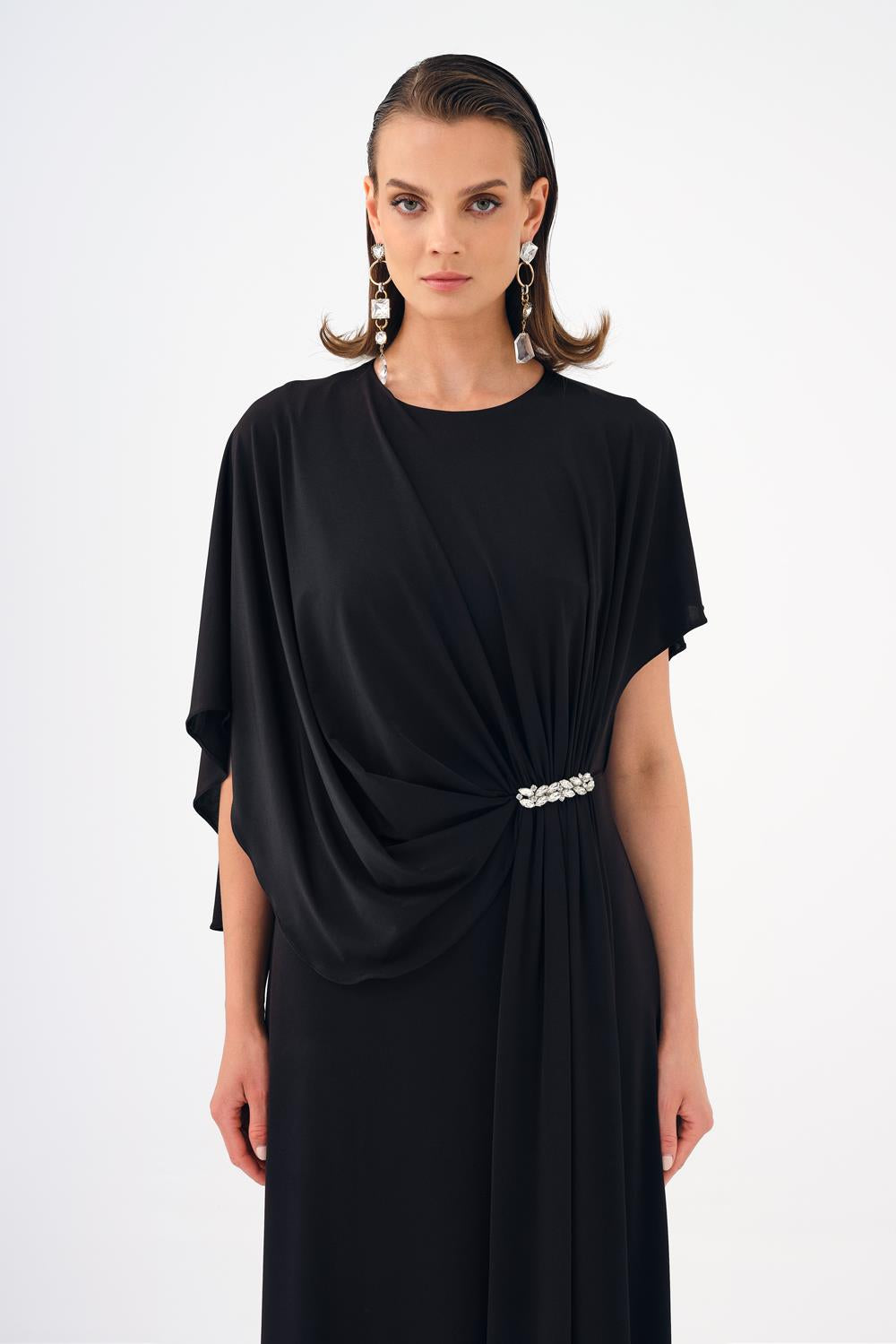 Stone Embroidery Detailed Half Sleeve Draped Long Evening Dress - 9023C