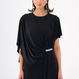 Stone Embroidery Detailed Half Sleeve Draped Long Evening Dress - 9023C