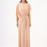 Stone Embroidery Detailed Half Sleeve Draped Long Evening Dress - 9023C