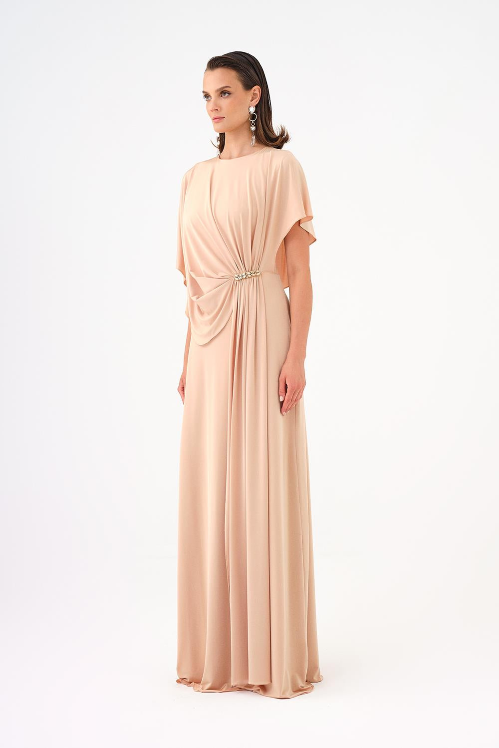 Stone Embroidery Detailed Half Sleeve Draped Long Evening Dress - 9023C