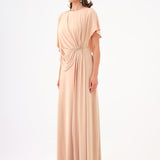 Stone Embroidery Detailed Half Sleeve Draped Long Evening Dress - 9023C
