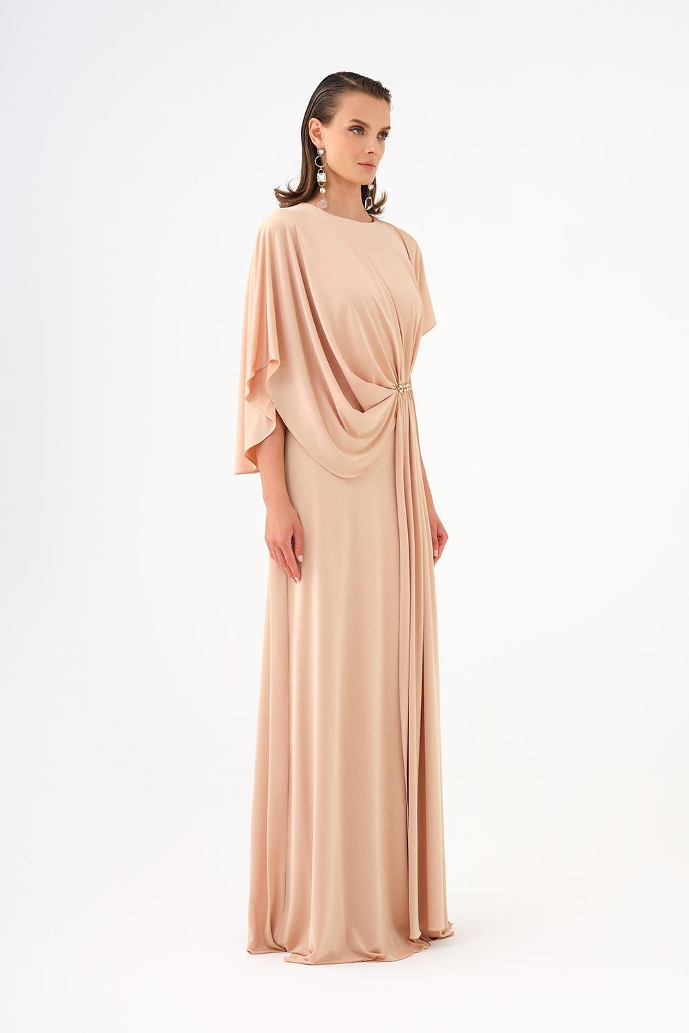 Stone Embroidery Detailed Half Sleeve Draped Long Evening Dress - 9023C