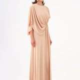 Stone Embroidery Detailed Half Sleeve Draped Long Evening Dress - 9023C