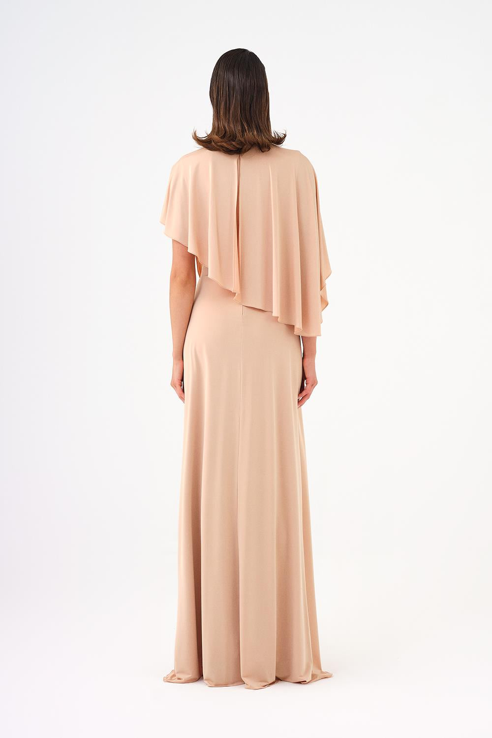 Stone Embroidery Detailed Half Sleeve Draped Long Evening Dress - 9023C
