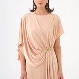 Stone Embroidery Detailed Half Sleeve Draped Long Evening Dress - 9023C