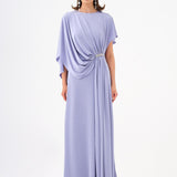 Stone Embroidery Detailed Half Sleeve Draped Long Evening Dress - 9023C