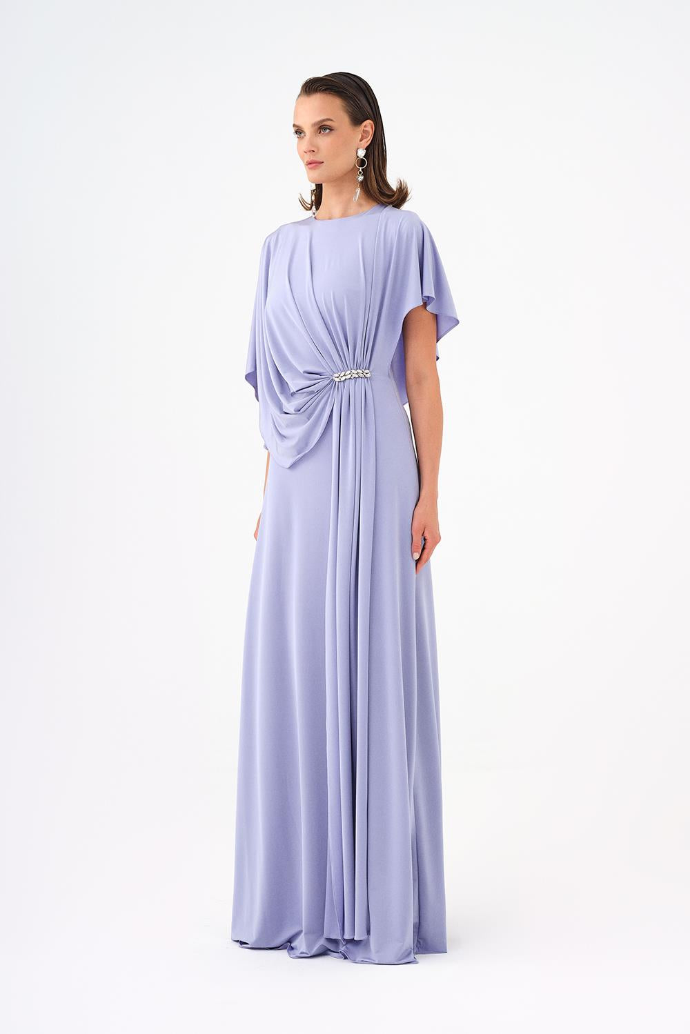 Stone Embroidery Detailed Half Sleeve Draped Long Evening Dress - 9023C
