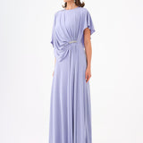 Stone Embroidery Detailed Half Sleeve Draped Long Evening Dress - 9023C