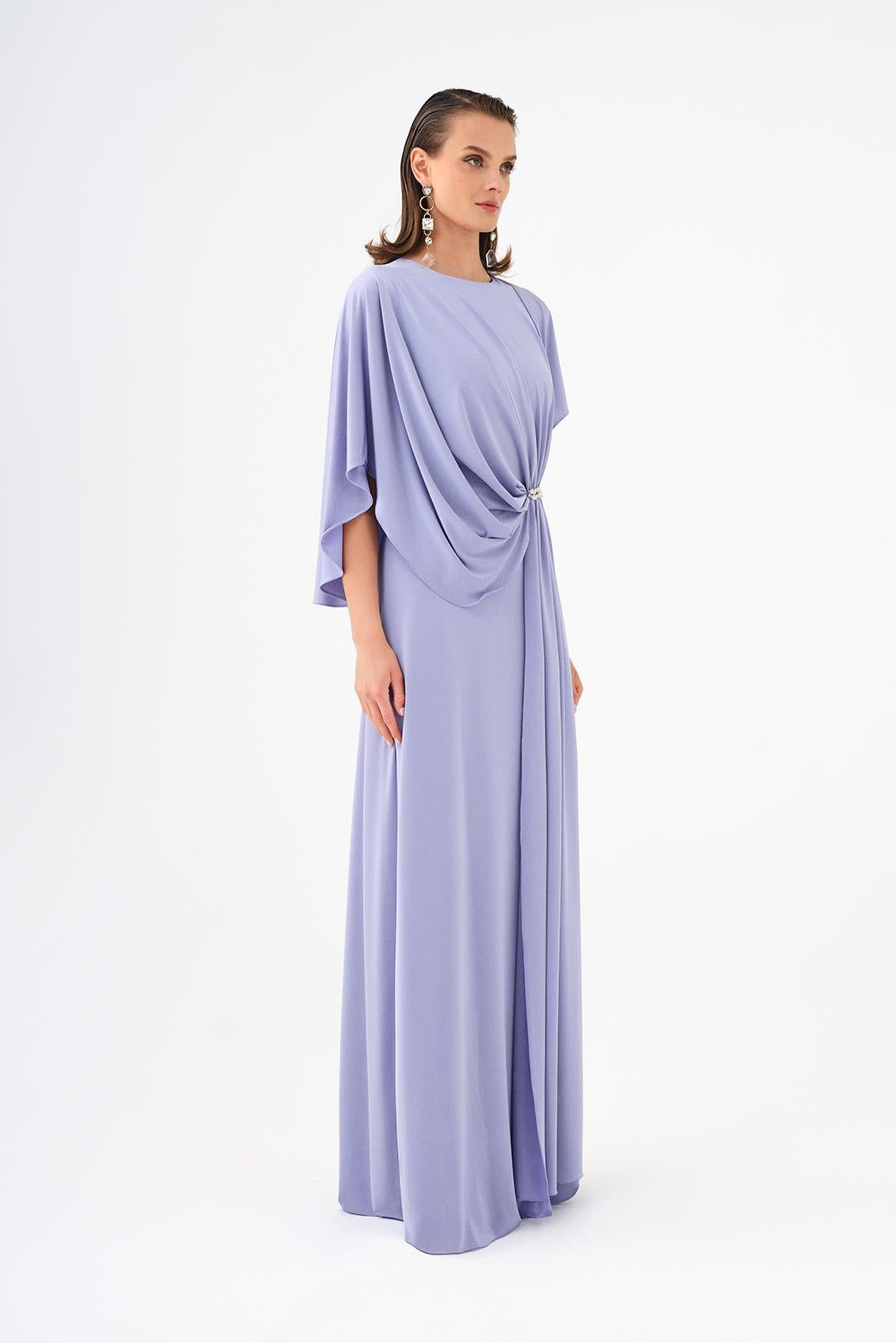 Stone Embroidery Detailed Half Sleeve Draped Long Evening Dress - 9023C