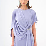 Stone Embroidery Detailed Half Sleeve Draped Long Evening Dress - 9023C