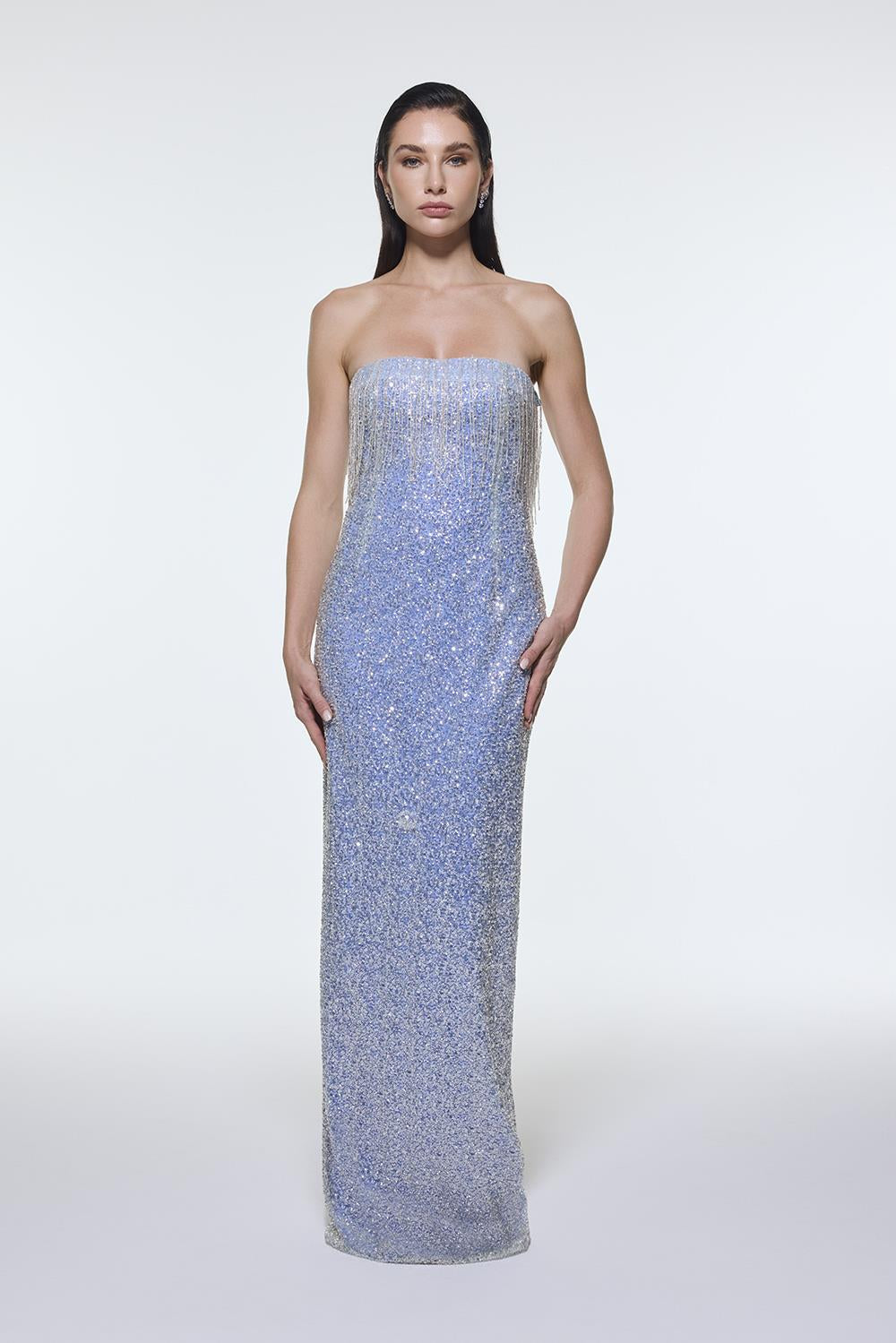 Stone Embroidered Strapless Long Evening Dress - 9202C
