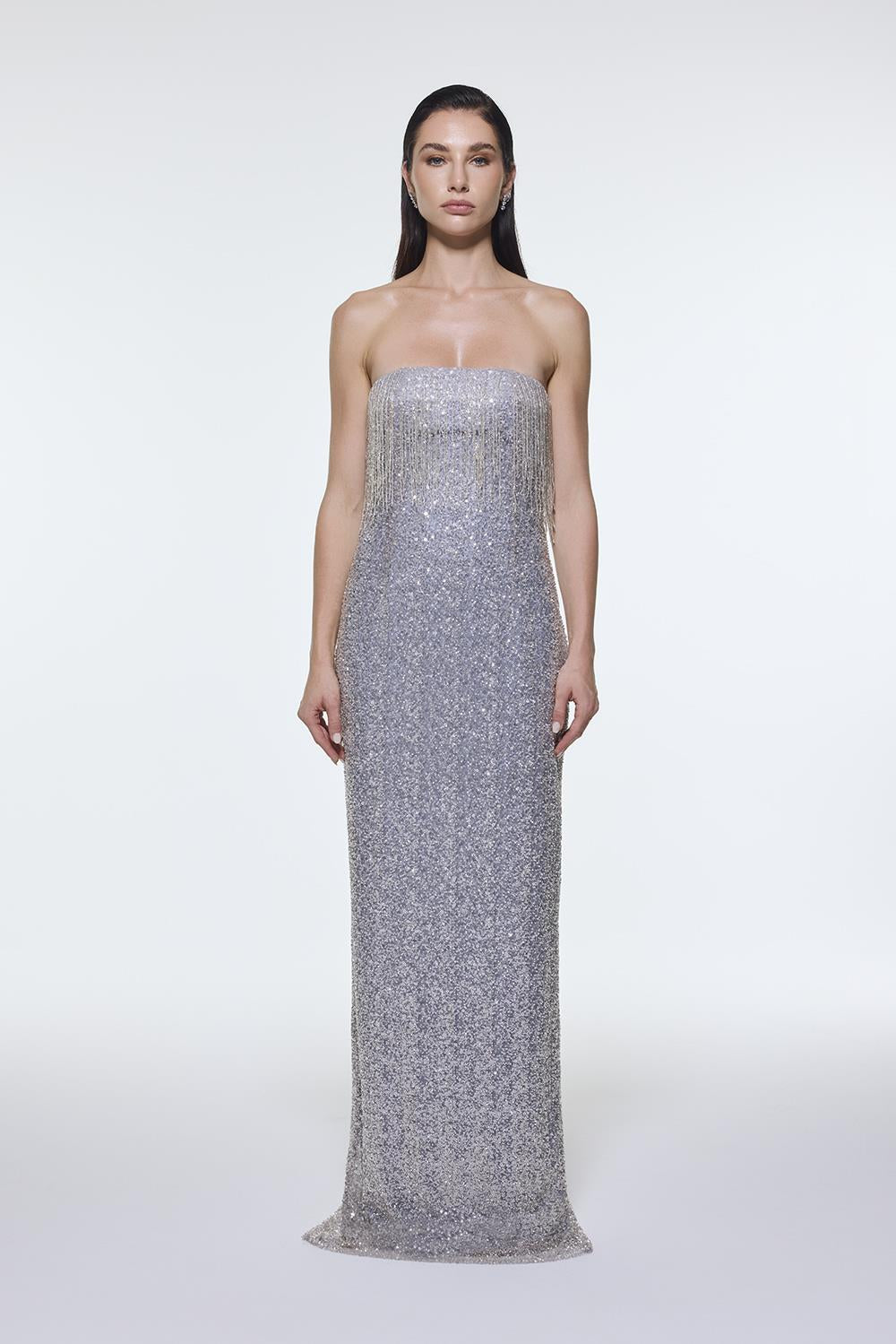 Stone Embroidered Strapless Long Evening Dress - 9202C