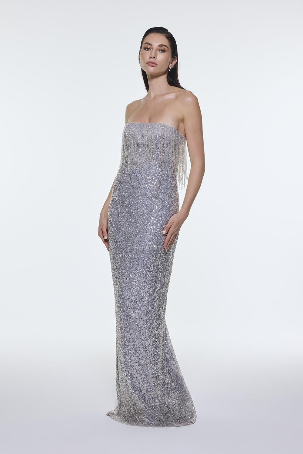 Stone Embroidered Strapless Long Evening Dress - 9202C