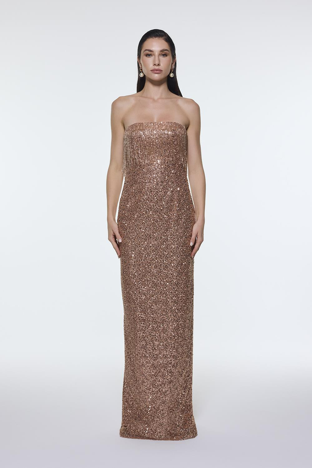 Stone Embroidered Strapless Long Evening Dress - 9202C