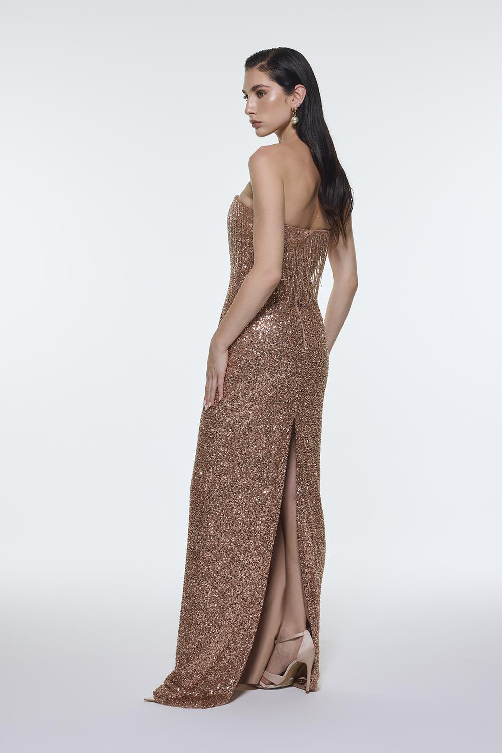 Stone Embroidered Strapless Long Evening Dress - 9202C