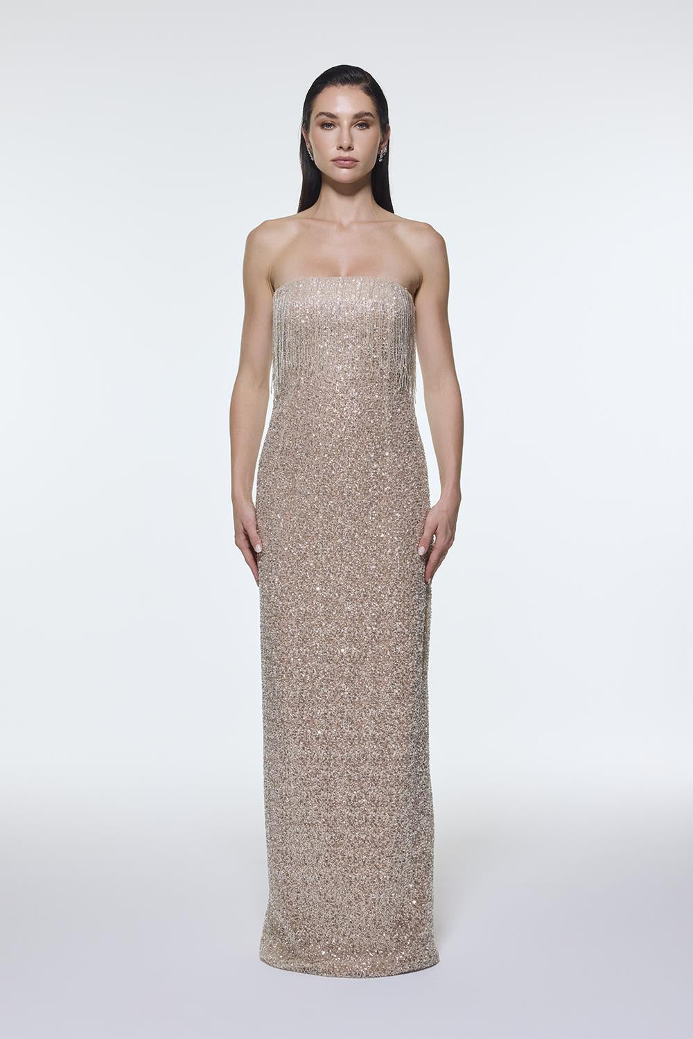 Stone Embroidered Strapless Long Evening Dress - 9202C