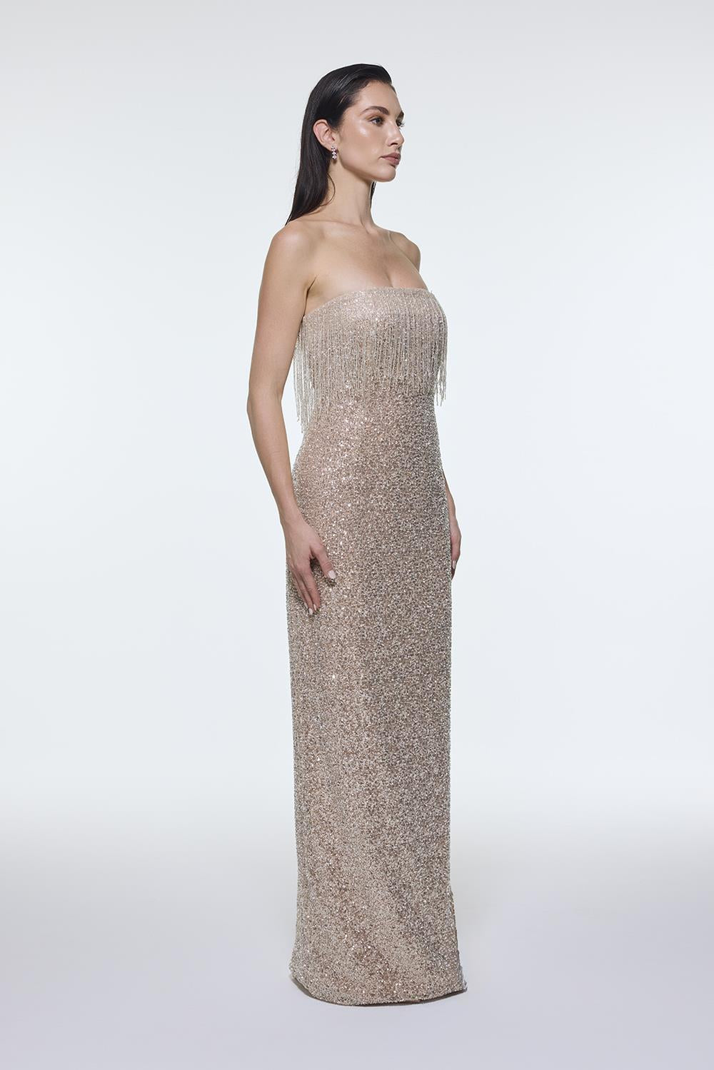 Stone Embroidered Strapless Long Evening Dress - 9202C