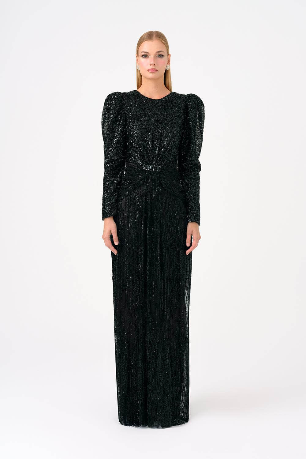 Stone Embroidered Watermelon Sleeve Long Evening Dress - 9089C