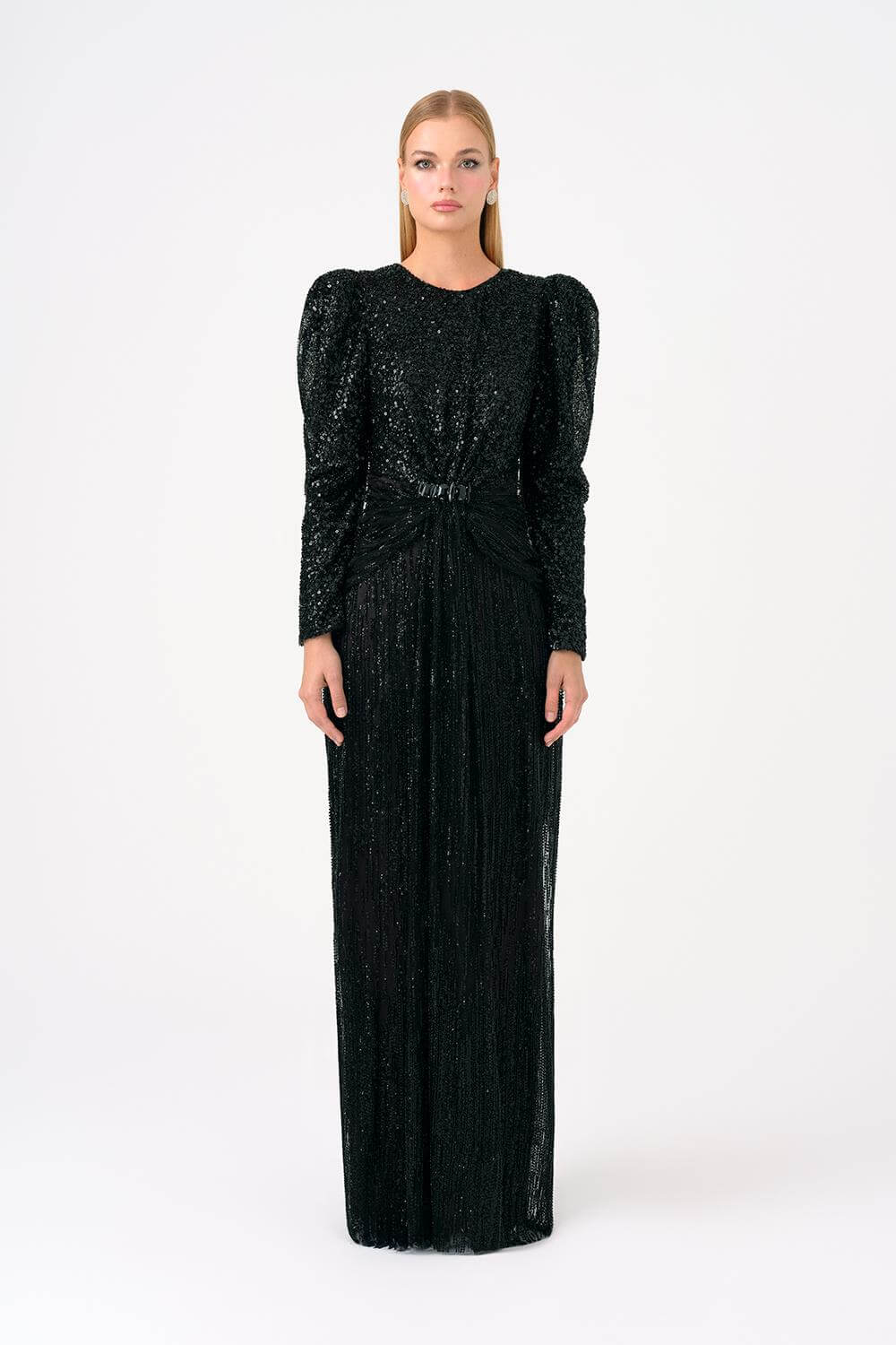 Stone Embroidered Watermelon Sleeve Long Evening Dress - 9089C