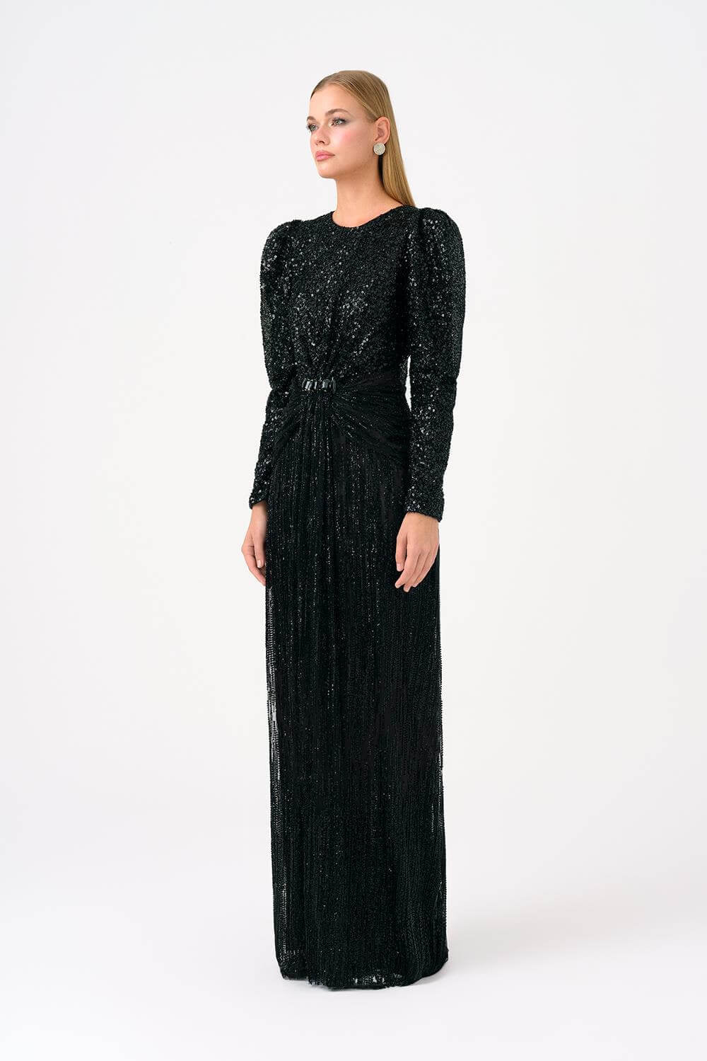Stone Embroidered Watermelon Sleeve Long Evening Dress - 9089C