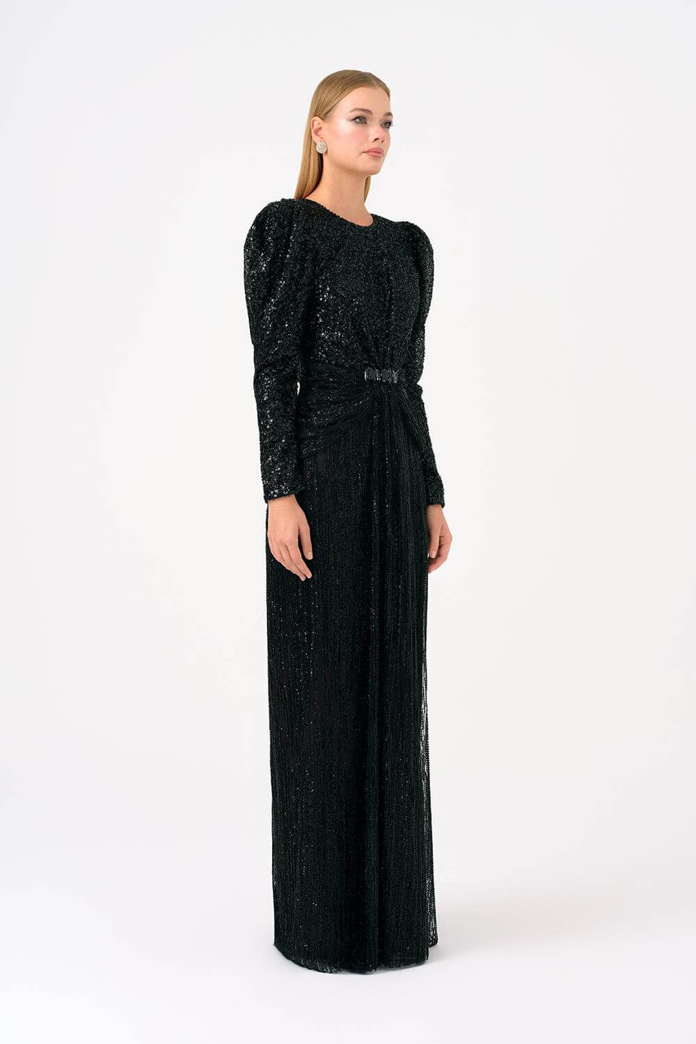 Stone Embroidered Watermelon Sleeve Long Evening Dress - 9089C