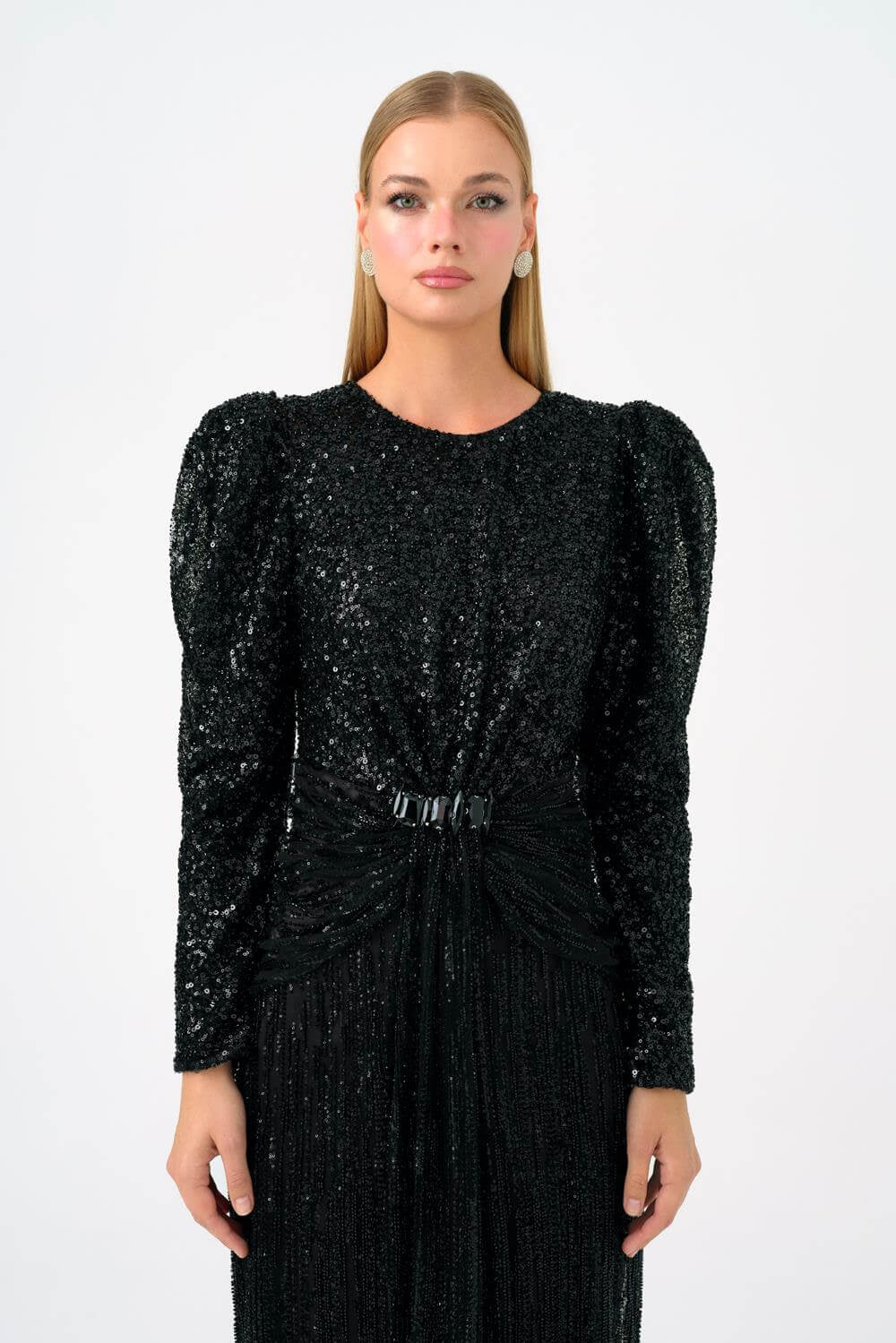 Stone Embroidered Watermelon Sleeve Long Evening Dress - 9089C