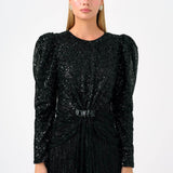 Stone Embroidered Watermelon Sleeve Long Evening Dress - 9089C