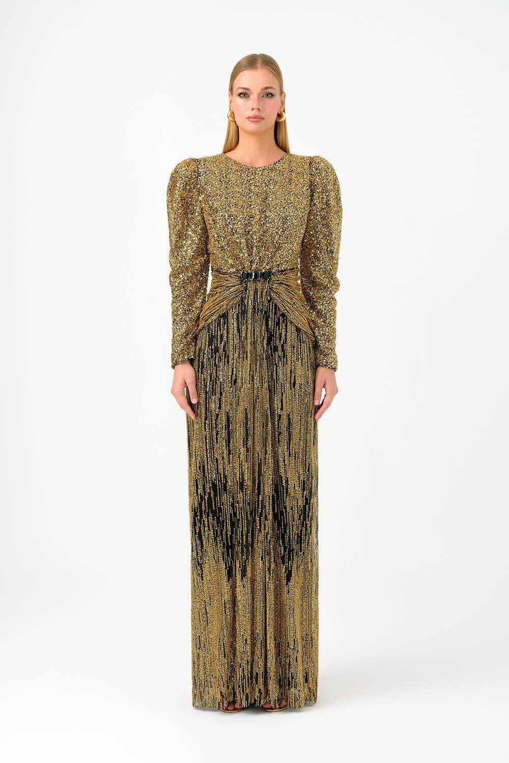 Stone Embroidered Watermelon Sleeve Long Evening Dress - 9089C