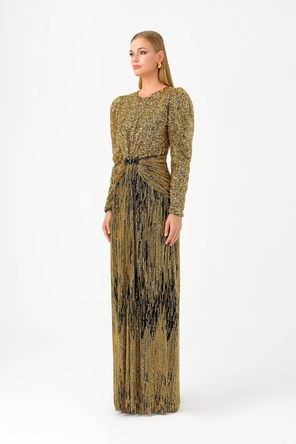 Stone Embroidered Watermelon Sleeve Long Evening Dress - 9089C
