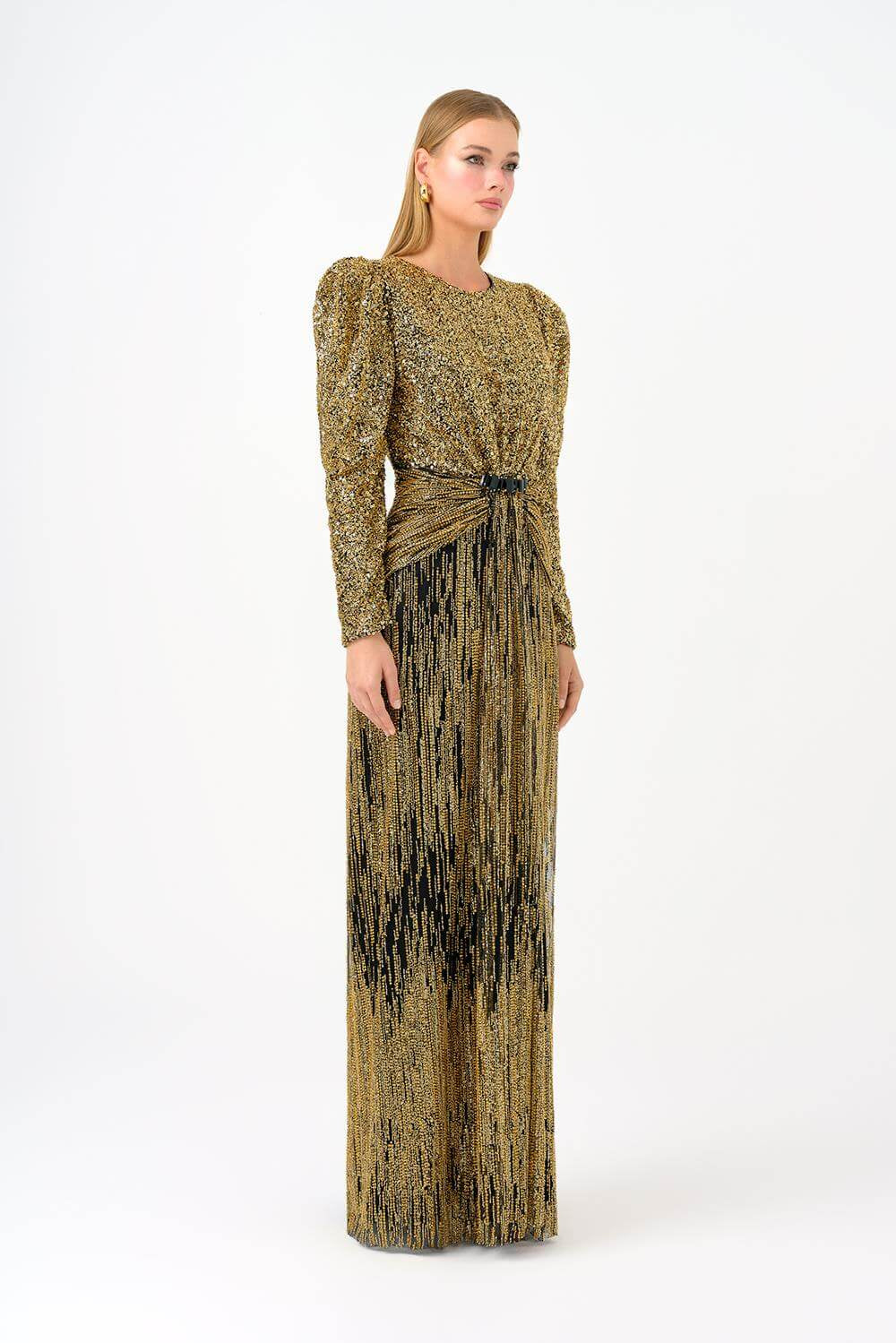 Stone Embroidered Watermelon Sleeve Long Evening Dress - 9089C