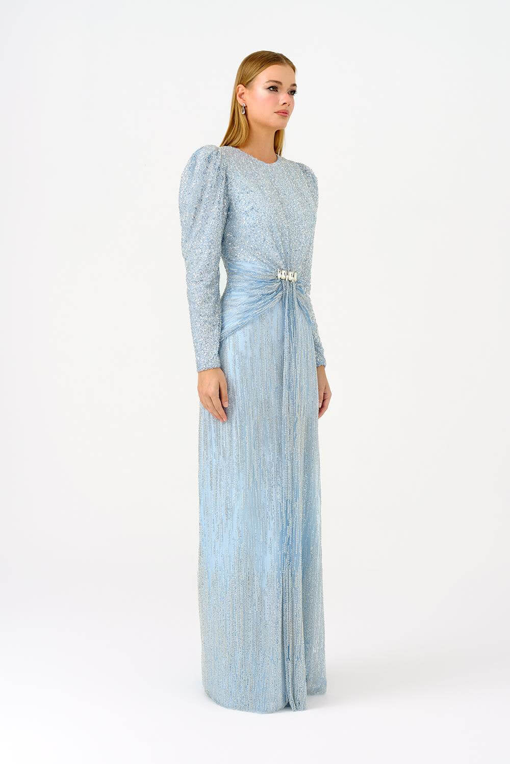 Stone Embroidered Watermelon Sleeve Long Evening Dress - 9089C