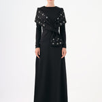 Taş İşlemeli Şallı Saten Uzun Abiye Elbise - 9093C - SİYAH